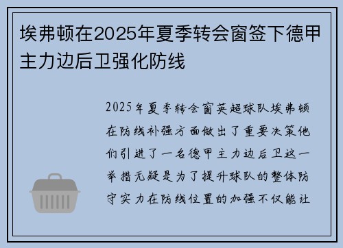 埃弗顿在2025年夏季转会窗签下德甲主力边后卫强化防线